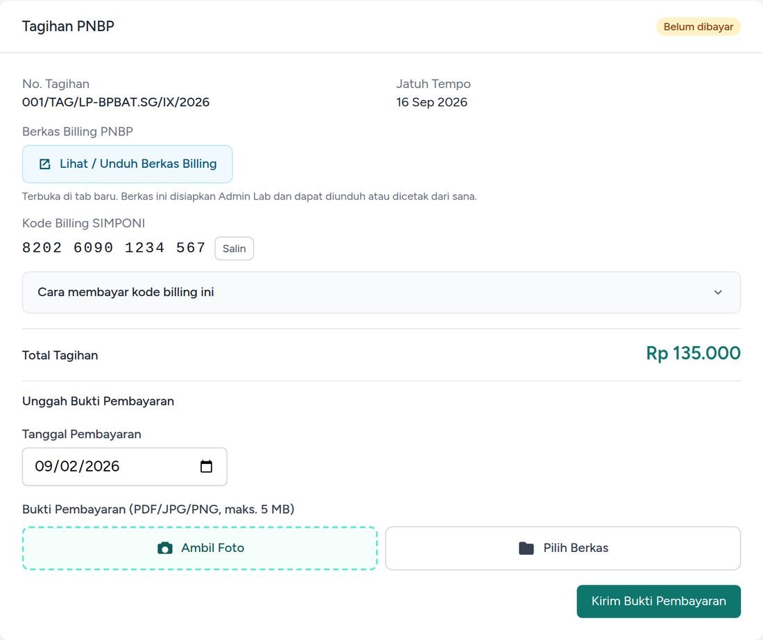 Panel tagihan PNBP: berkas billing, kode SIMPONI, dan unggah bukti bayar