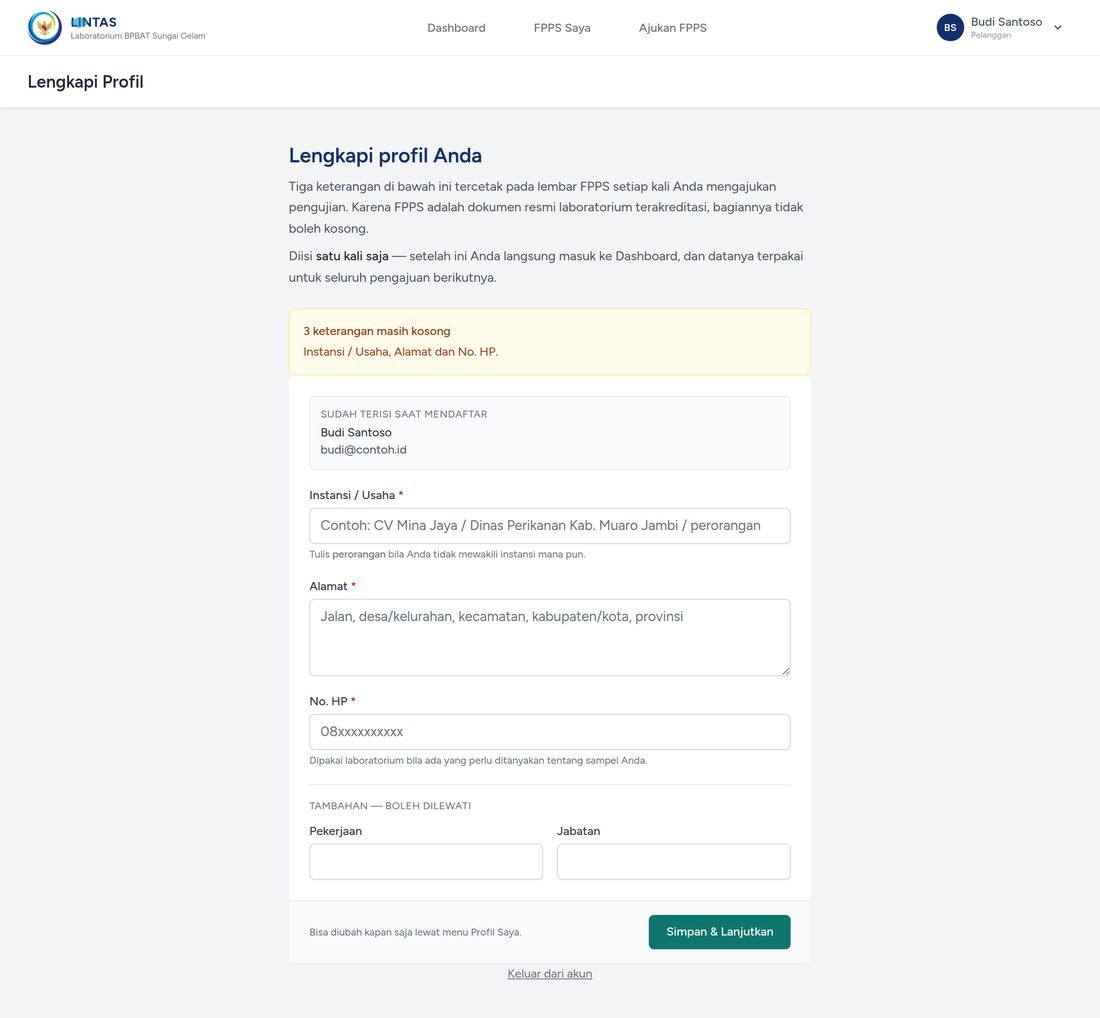 Layar melengkapi profil: instansi, alamat, dan nomor HP